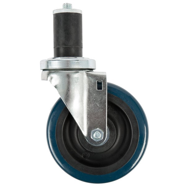 A metal stem caster with a metal wheel and black and blue accents.