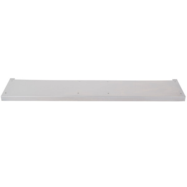A white rectangular metal high shelf with holes.
