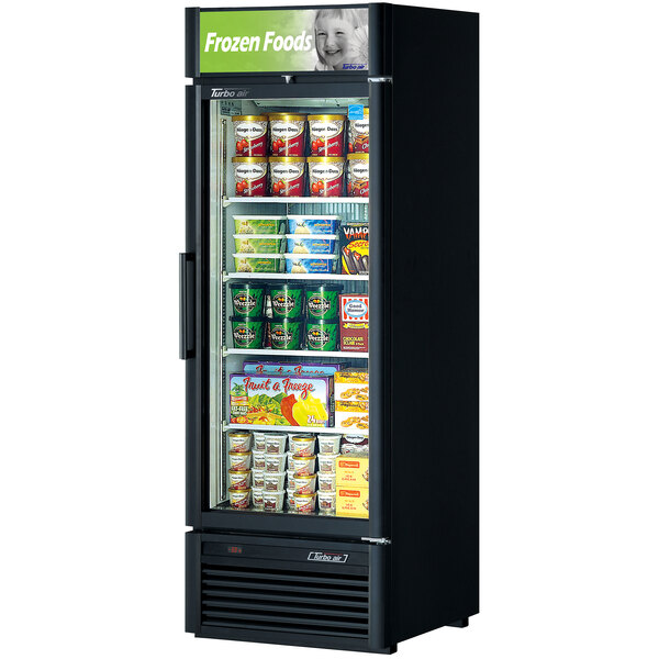 A black Turbo Air glass door freezer filled with frozen foods.