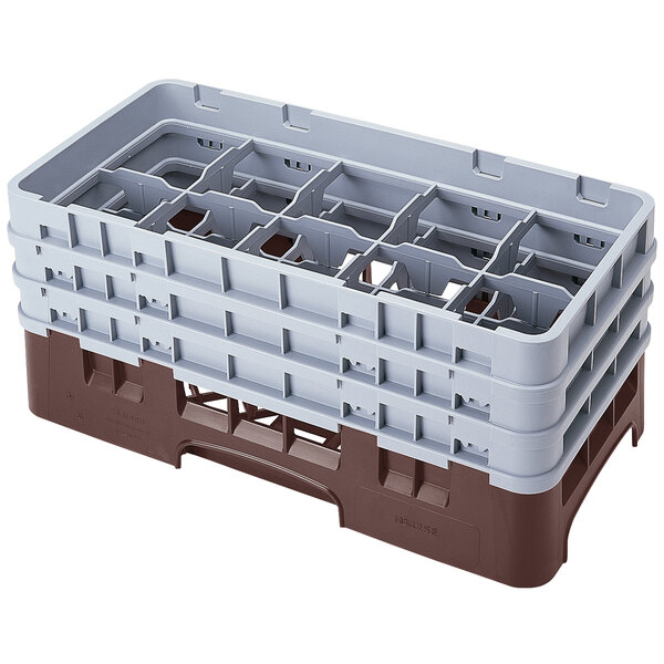 A brown plastic crate with 10 compartments for glasses.