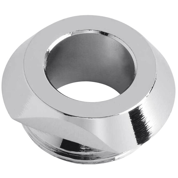 A chrome plated T&S faucet packing nut with male threads.