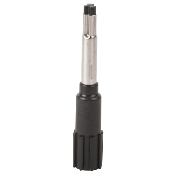 A black and silver adapter on a metal pole with a white background.