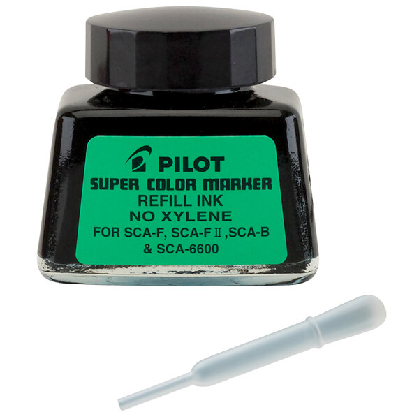 A white plastic cylinder of Pilot 1 oz. Black Jumbo Permanent Marker Refill Ink with a green label.
