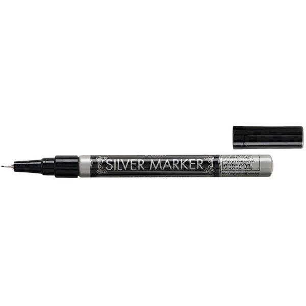 A black Pilot marker pen with silver ink and a white barrel.