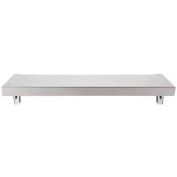 A stainless steel rectangular metal shelf with legs.