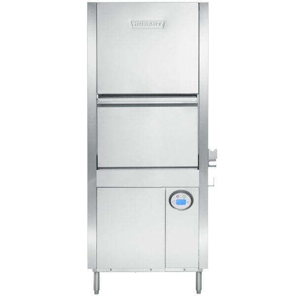 A stainless steel rectangular Hobart pot and pan dishwasher with two doors.