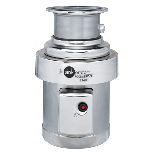 A silver InSinkErator stainless steel commercial garbage disposer with a red button.