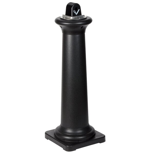 A black Rubbermaid GroundsKeeper Tuscan cigarette receptacle on a metal pedestal.