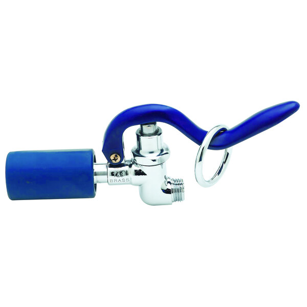 A T&S pre-rinse spray valve with a blue and metal handle.