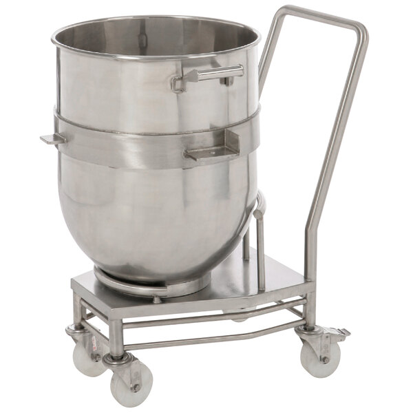 A Doyon stainless steel bowl dolly with a large stainless steel container on a cart.