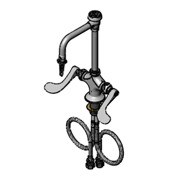 A drawing of a T&S deck mounted lab faucet with flex inlets and wrist handles.
