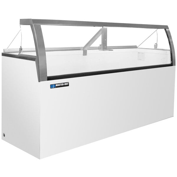 A white Master-Bilt ice cream dipping cabinet with metal handles and a low curved glass top.