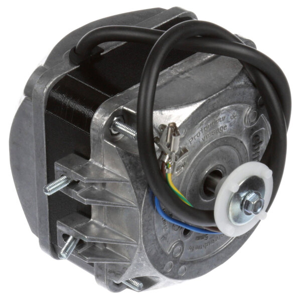 A Polar Temp condenser fan motor with a wire harness and black and white wires.