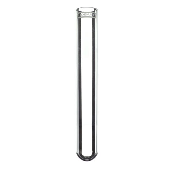 A clear glass Hobart test tube with a metal handle.