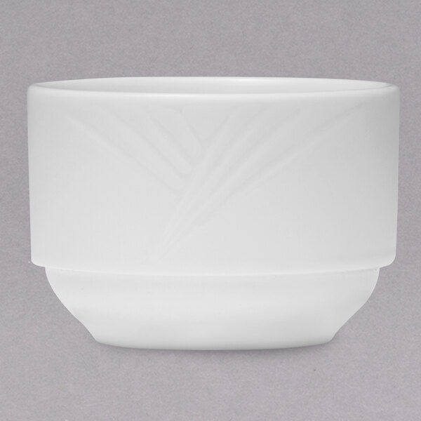 A white porcelain Arcoroc bouillon cup with a white rim.