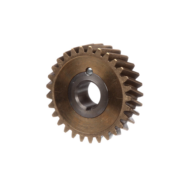 A close-up of a white Hobart worm wheel gear with a black center.
