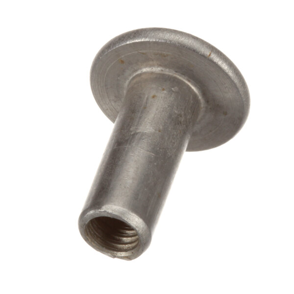 A close-up of a metal screw with a metal object on a white background.