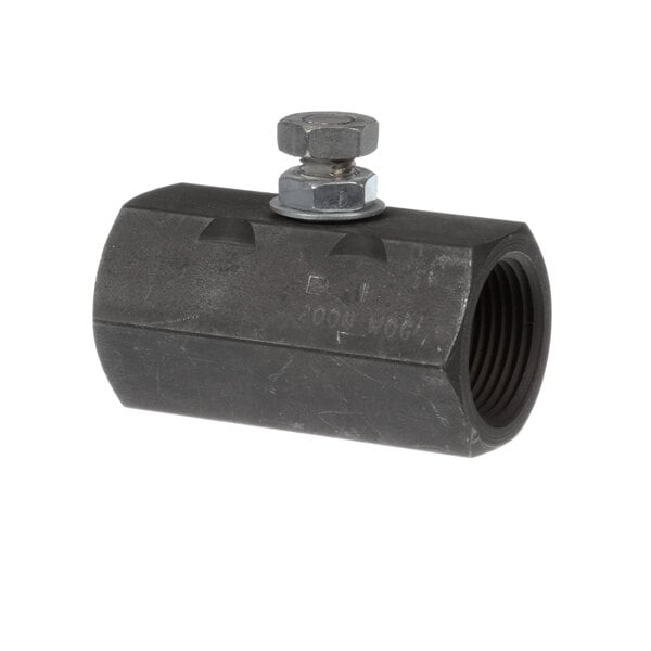 A black Broaster drain valve with a nut on it.