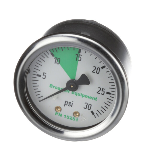 A close-up of a Broaster pressure gauge with green and white numbers.