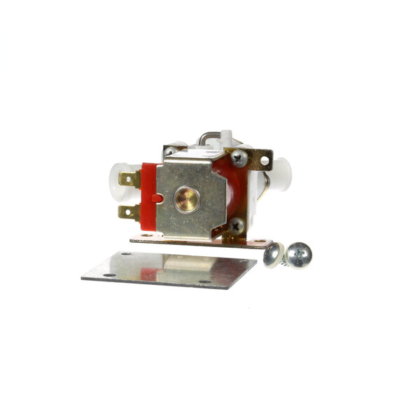 A small metal Whirlpool Corporation valve with white and red plastic parts.
