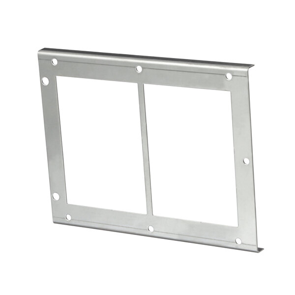 A silver metal frame with two holes.