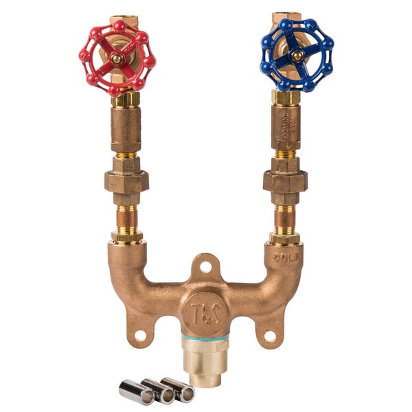 A T&S Brass wall mounted mixing valve assembly with two brass valves with blue and red handles.