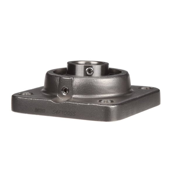 A metal square flange with a hole in the center.
