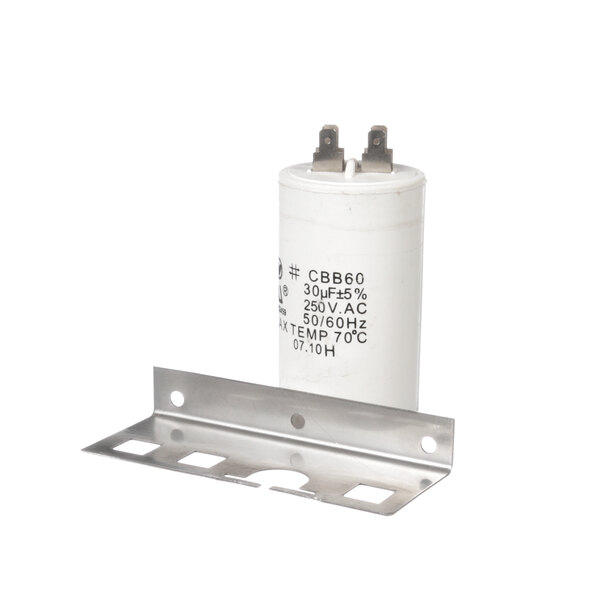 An Omcan FMA white capacitor with a metal bracket.