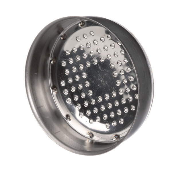 A close-up of a stainless steel strainer with holes.