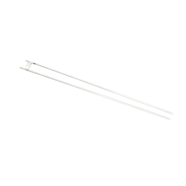 A long thin metal skewer with white plastic ends.
