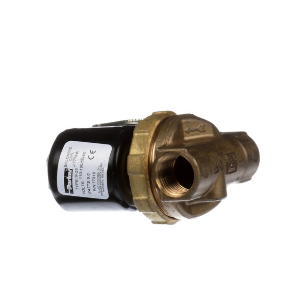 A CMA Dishmachines brass water solenoid valve with a gold handle.