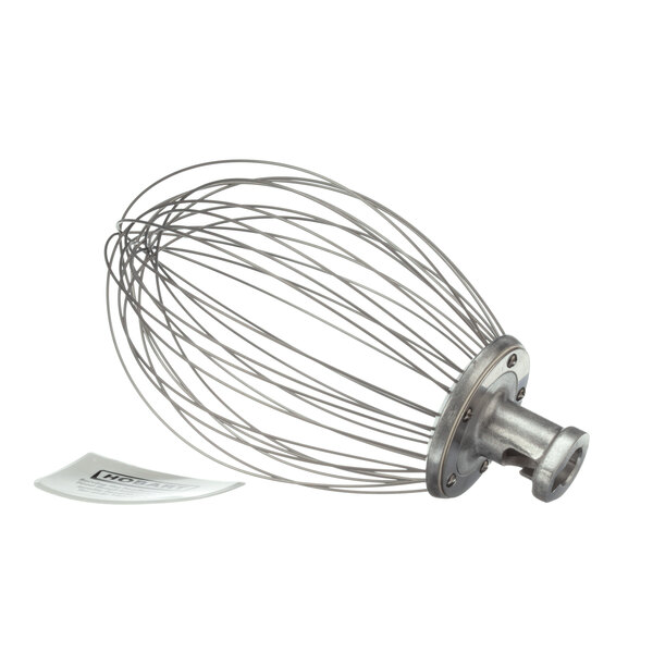 A Hobart 30 Qt stainless steel wire whip with a plastic cover.