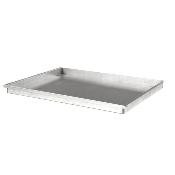 A stainless steel rectangular crumb tray with a handle.
