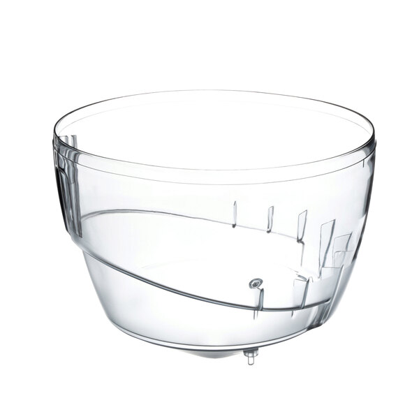 A clear plastic bowl with a black base and a handle.