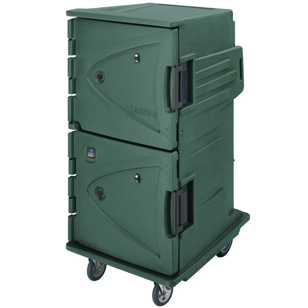 A green plastic container with wheels and doors.