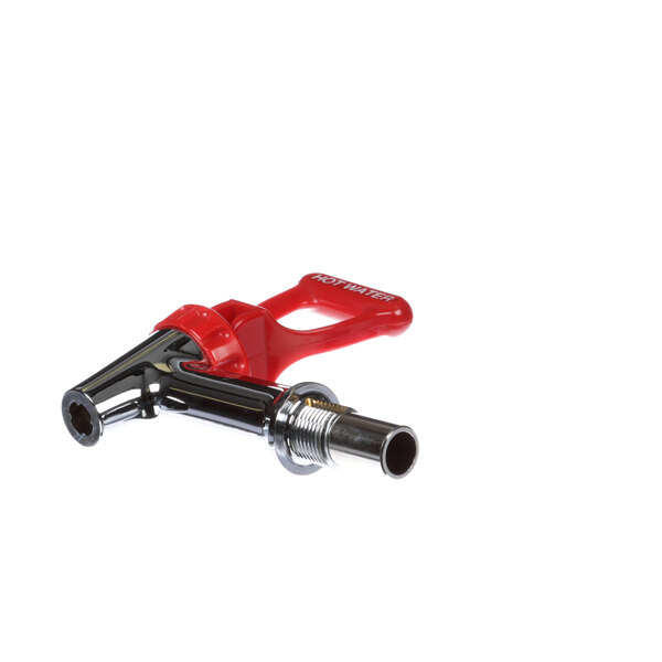 A Newco water spout with a red handle and black hose.
