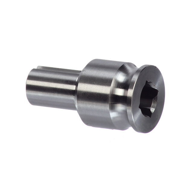 A stainless steel threaded nut with a metal sleeve on a white background.