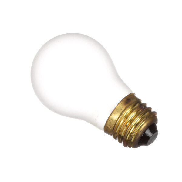 A close-up of a Wisco Industries Tuffskin incandescent light bulb with a black base.