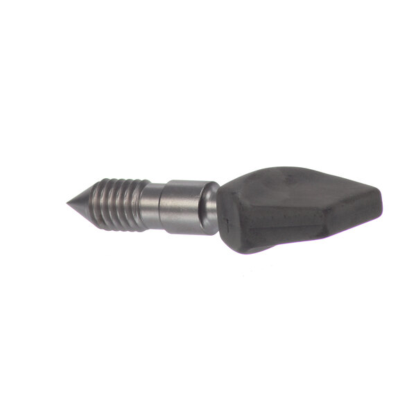 A close-up of a Hobart thumb screw with a black handle.