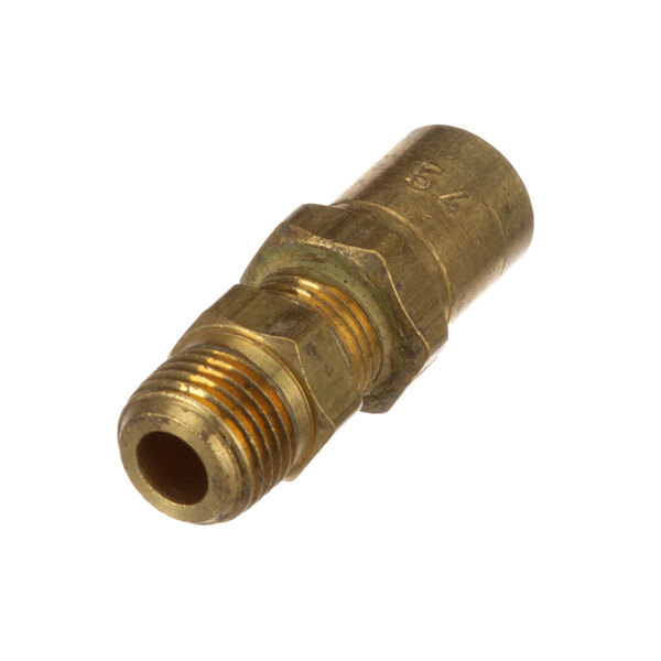 A close-up of a US Range brass orifice fitting with a thread.