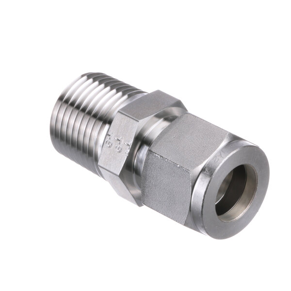 A stainless steel threaded male connector fitting for a Broaster fryer.
