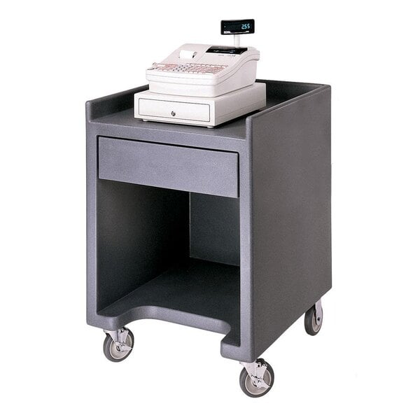 A black Cambro cash register stand with a cash register on top.