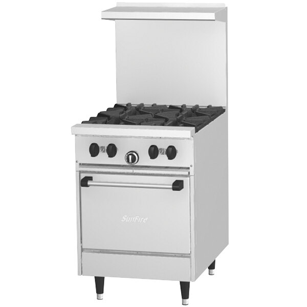 A stainless steel Garland SunFire Series gas range with four burners and a space saver oven.