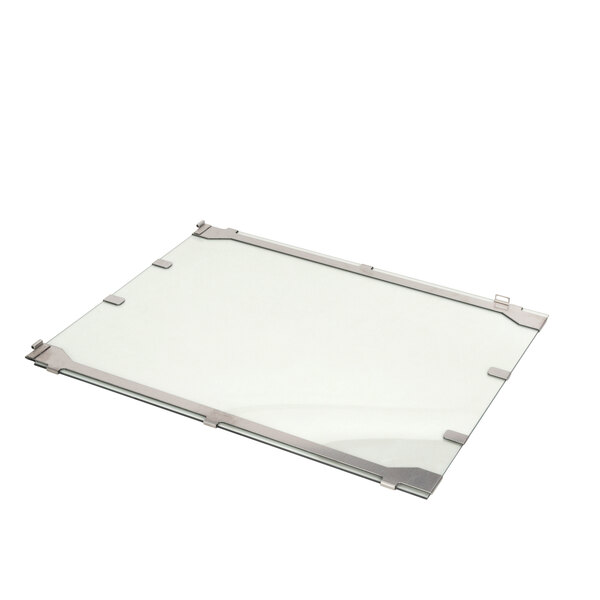 A white square glass plate with metal corners.