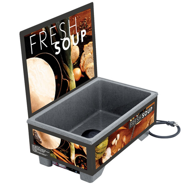 A Vollrath Tuscan Soup Merchandiser base with a menu board on a countertop with a sign that says fresh soup.