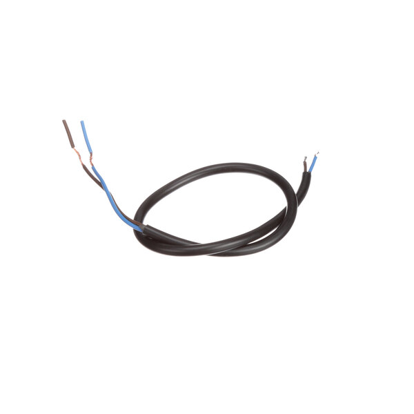 A black wire with blue and red wires.