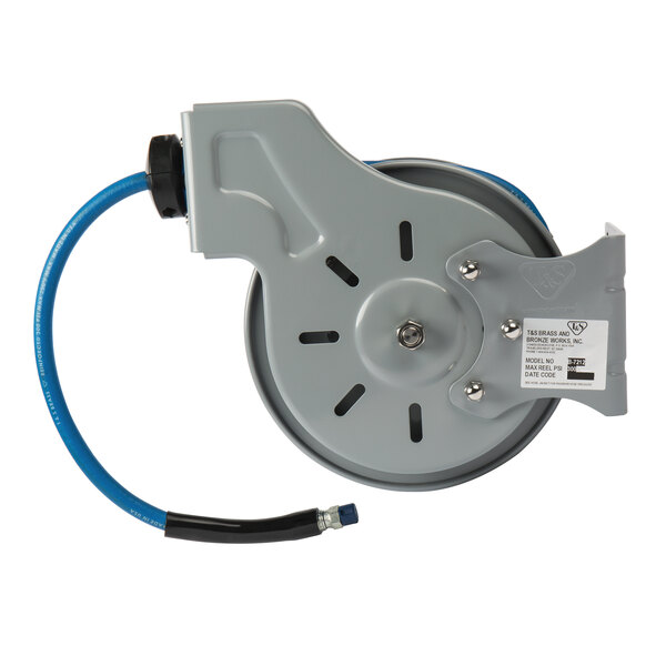 A blue and grey T&S hose reel with a blue hose attached.