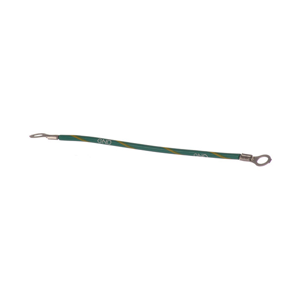 A green and yellow cable with a metal hook on it.