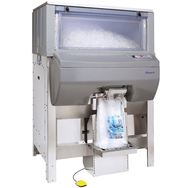 A Follett DB1000 Ice Pro bagging machine filled with ice.