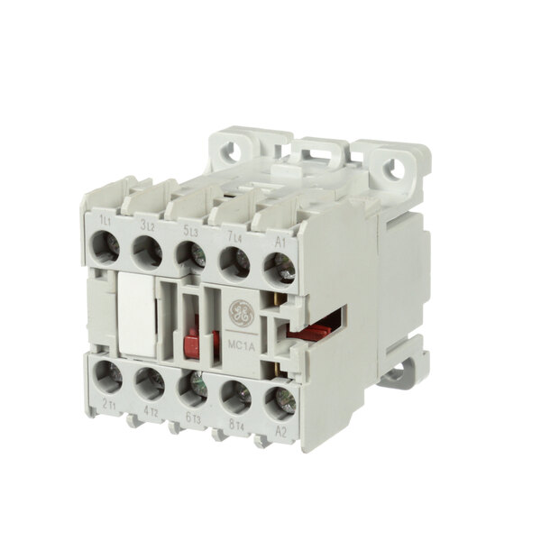 A close-up of a white ITV Ice Makers ice contactor with two wires.